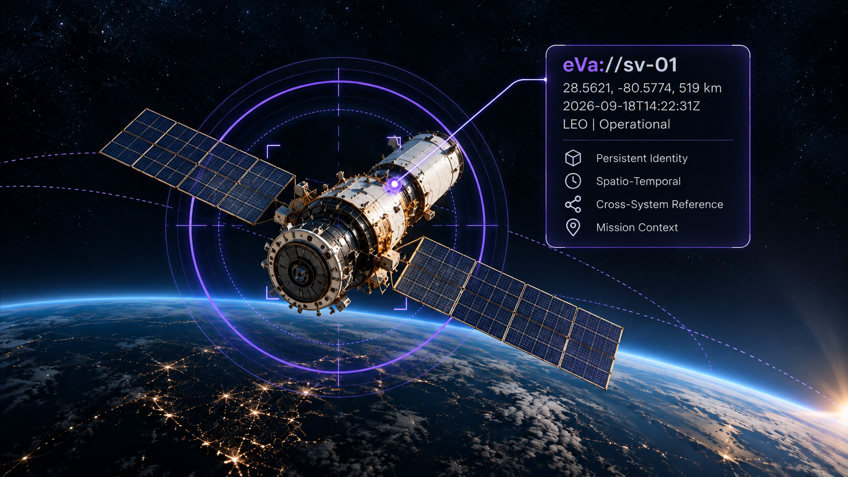 A spacecraft linked to a persistent eVa identity record